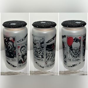 16oz halloween game cards glass can w/ black rhinestone bamboo lid